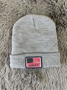 Ariat Gray Knit Beanie Hat American Flag Patch Made USA OS